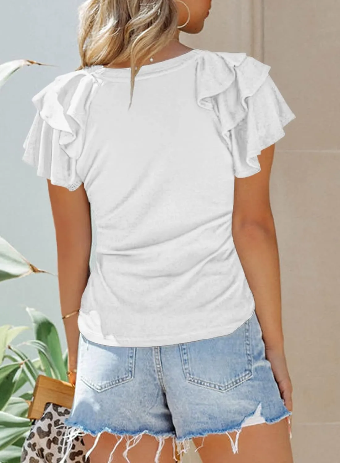 SHEWIN Womens Summer Tops Ruffle Short Sleeve T Shirts Casual Slim Fit