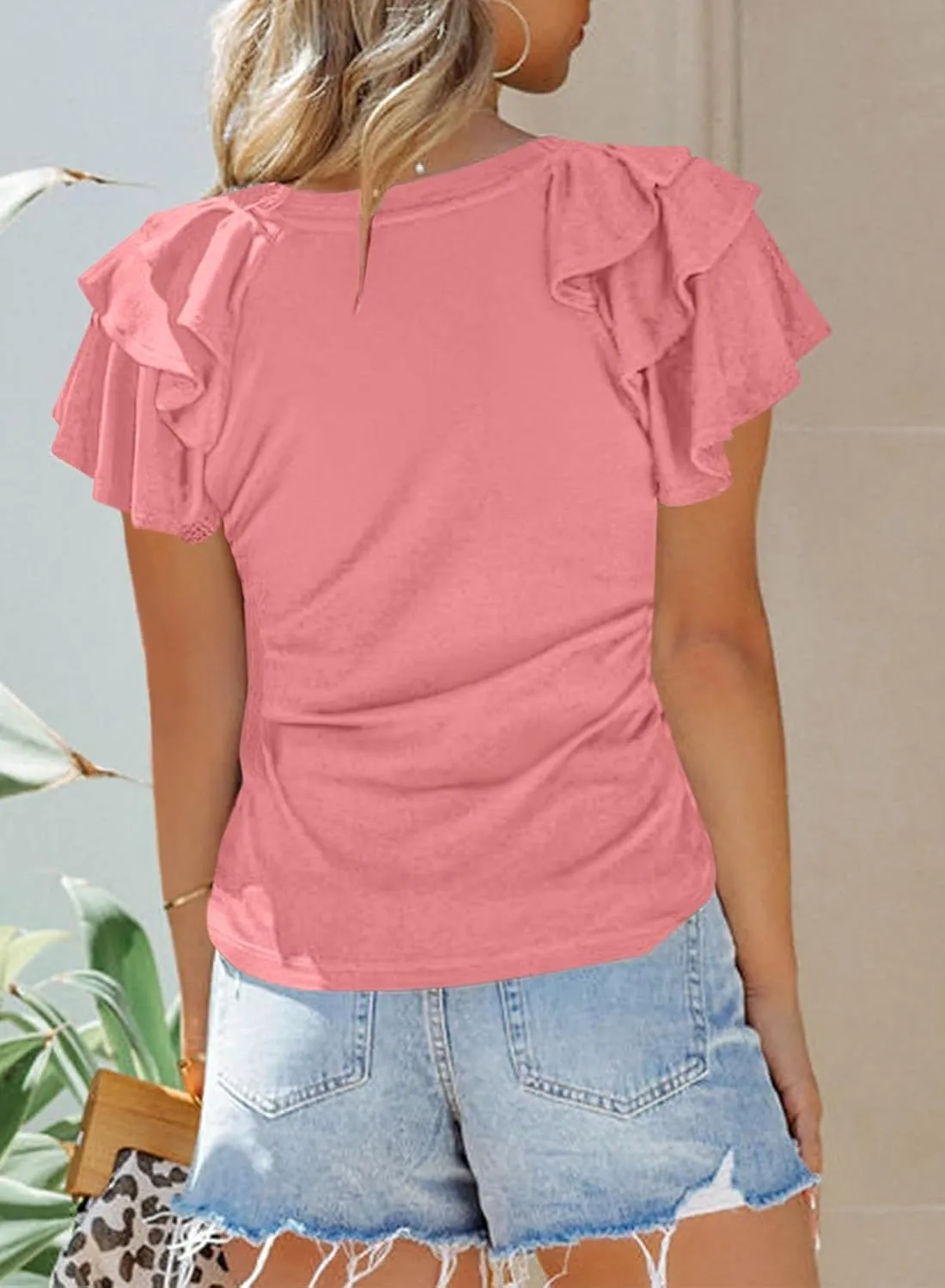 SHEWIN Womens Summer Tops Ruffle Short Sleeve T Shirts Casual Slim Fit