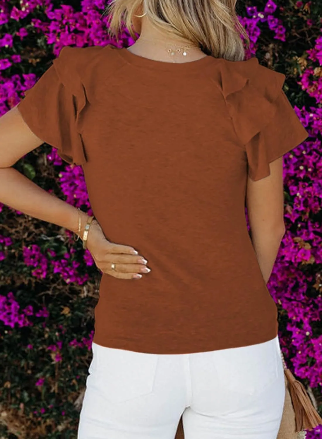 SHEWIN Womens Summer Tops Ruffle Short Sleeve T Shirts Casual Slim Fit