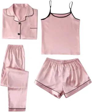 Silk Pajamas for Women Set 4Pcs Short Sleeve Shirts Sleeveless Tank Tops Lounge Bottoms and Satin Trousers Outfits Sleepwear