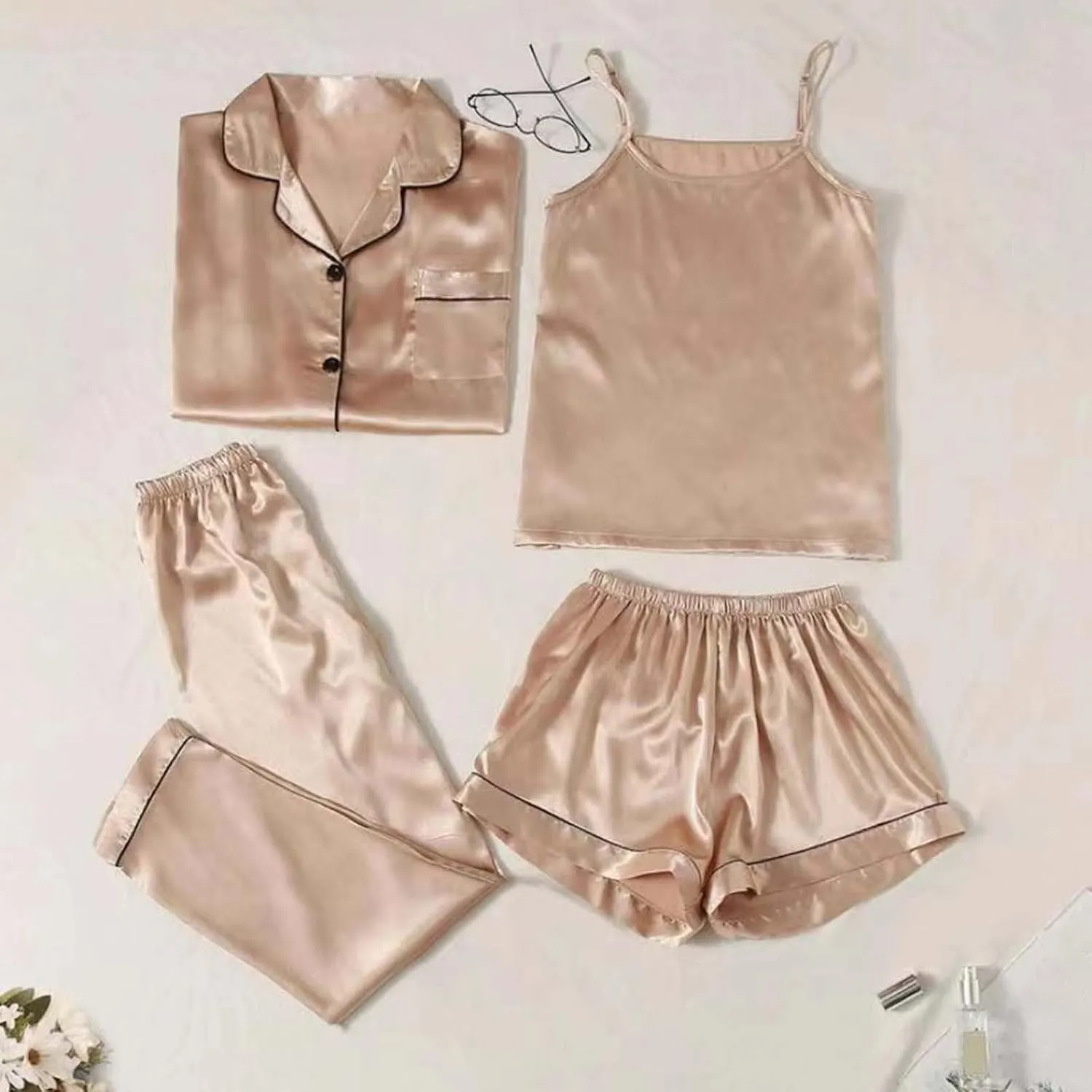 Silk Pajamas for Women Set 4Pcs Short Sleeve Shirts Sleeveless Tank Tops Lounge Bottoms and Satin Trousers Outfits Sleepwear
