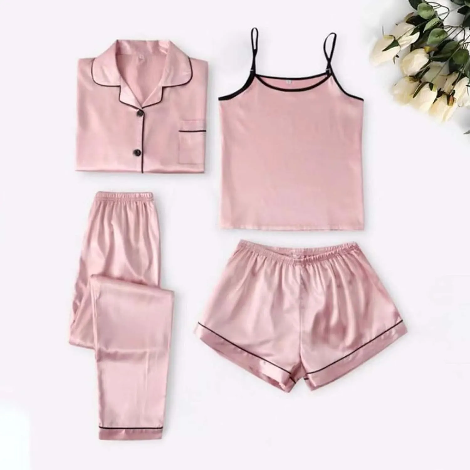 Silk Pajamas for Women Set 4Pcs Short Sleeve Shirts Sleeveless Tank Tops Lounge Bottoms and Satin Trousers Outfits Sleepwear
