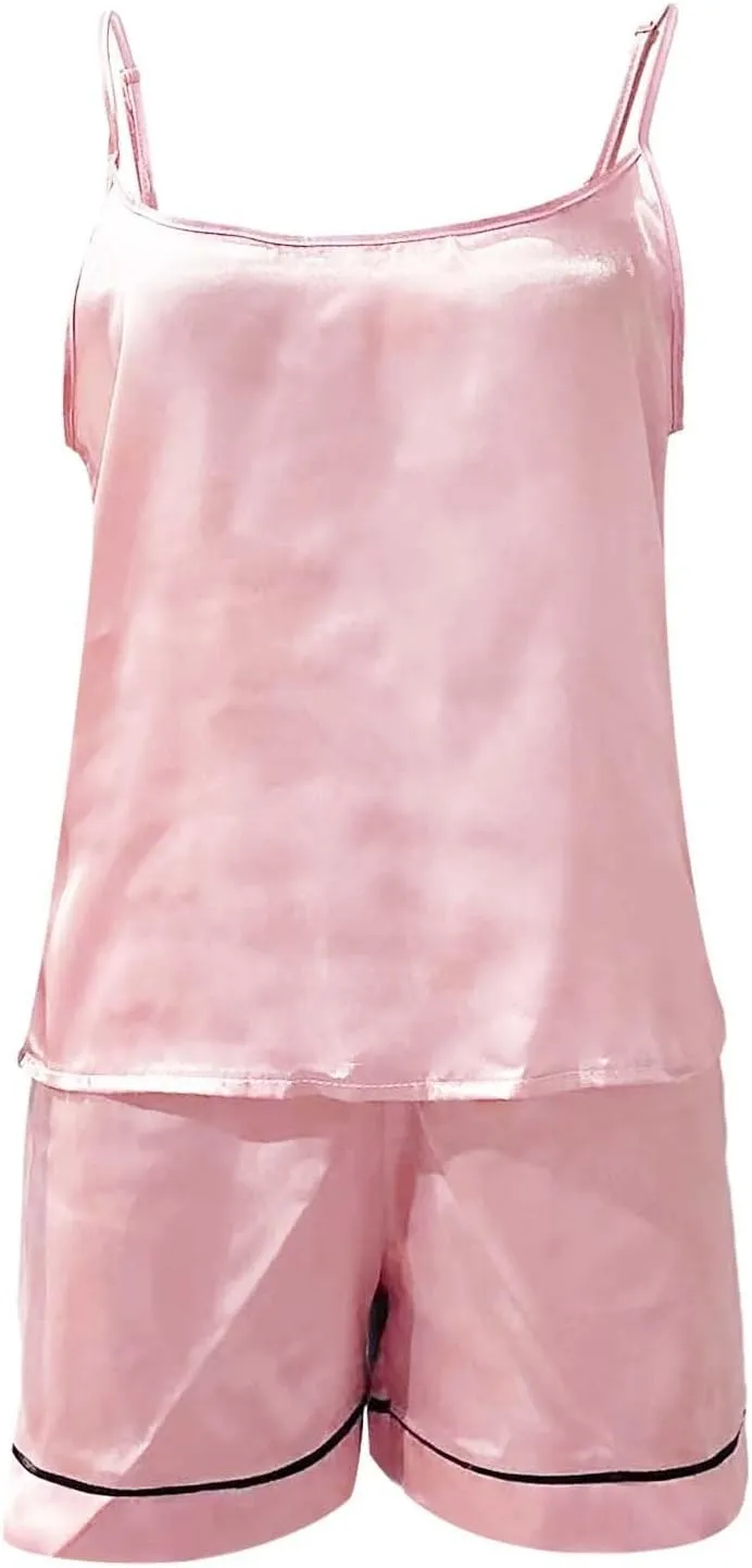 Silk Pajamas for Women Set 4Pcs Short Sleeve Shirts Sleeveless Tank Tops Lounge Bottoms and Satin Trousers Outfits Sleepwear