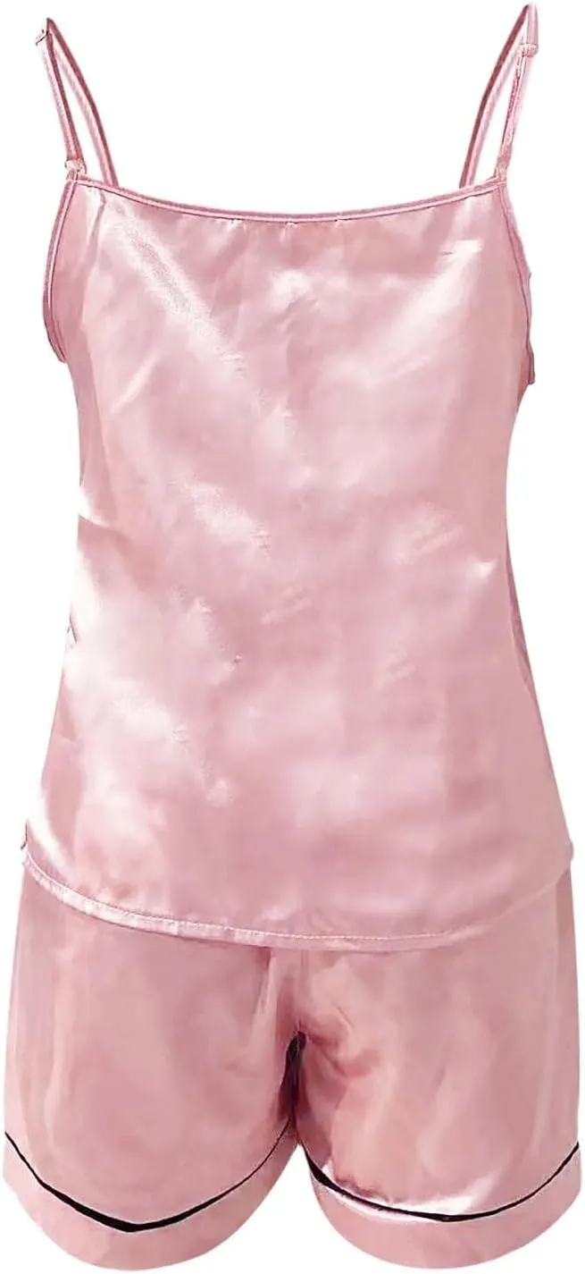 Silk Pajamas for Women Set 4Pcs Short Sleeve Shirts Sleeveless Tank Tops Lounge Bottoms and Satin Trousers Outfits Sleepwear