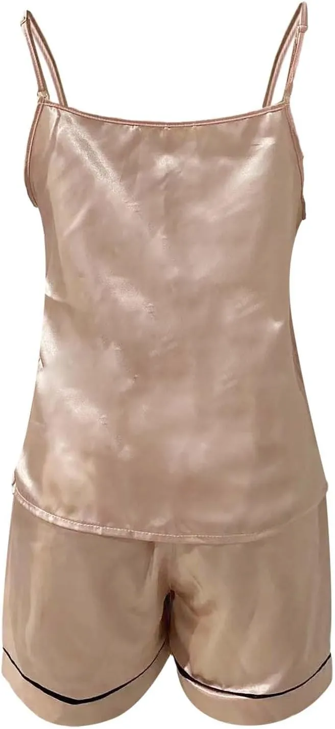 Silk Pajamas for Women Set 4Pcs Short Sleeve Shirts Sleeveless Tank Tops Lounge Bottoms and Satin Trousers Outfits Sleepwear
