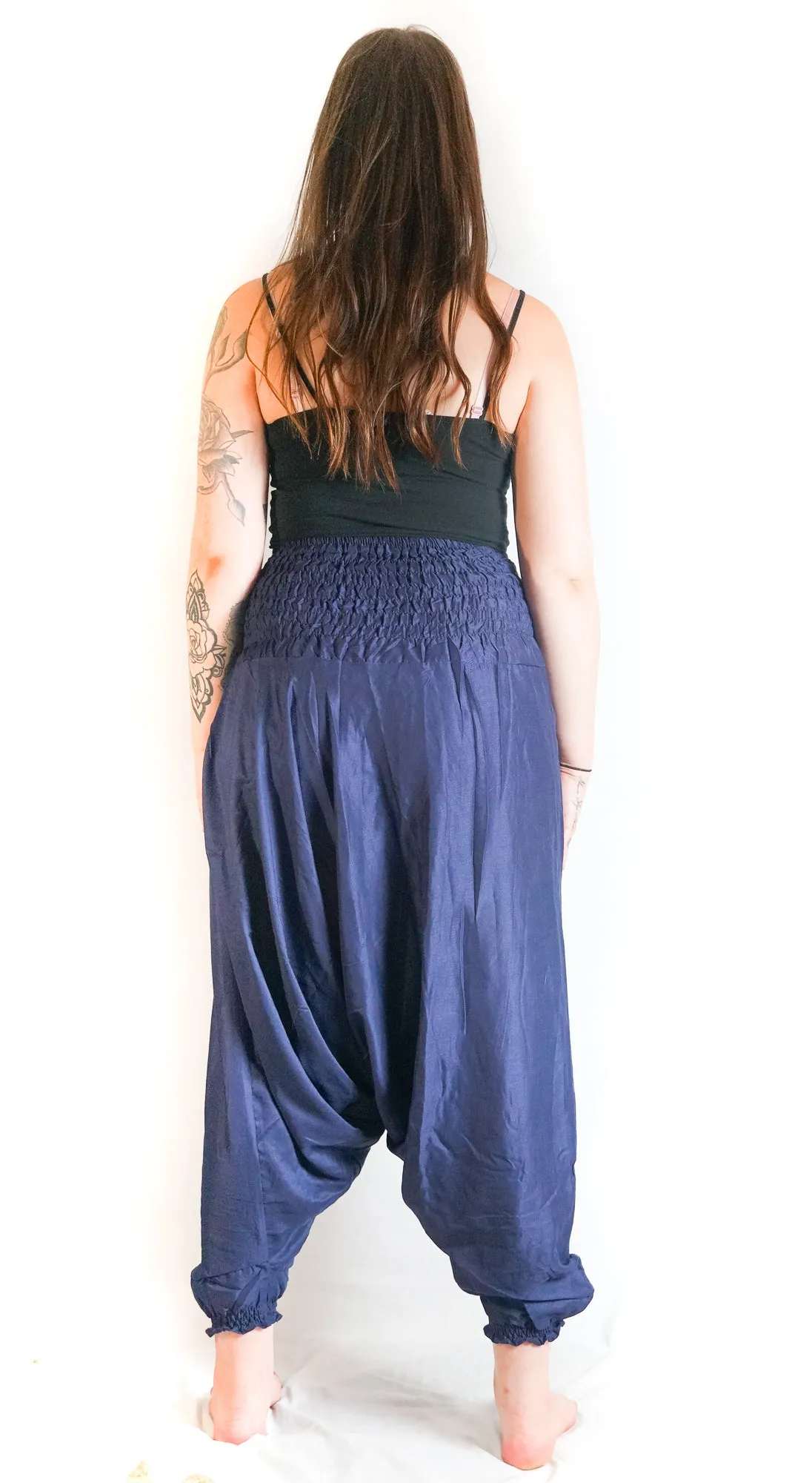 Solid Dark Blue Low Cut Harem Pants