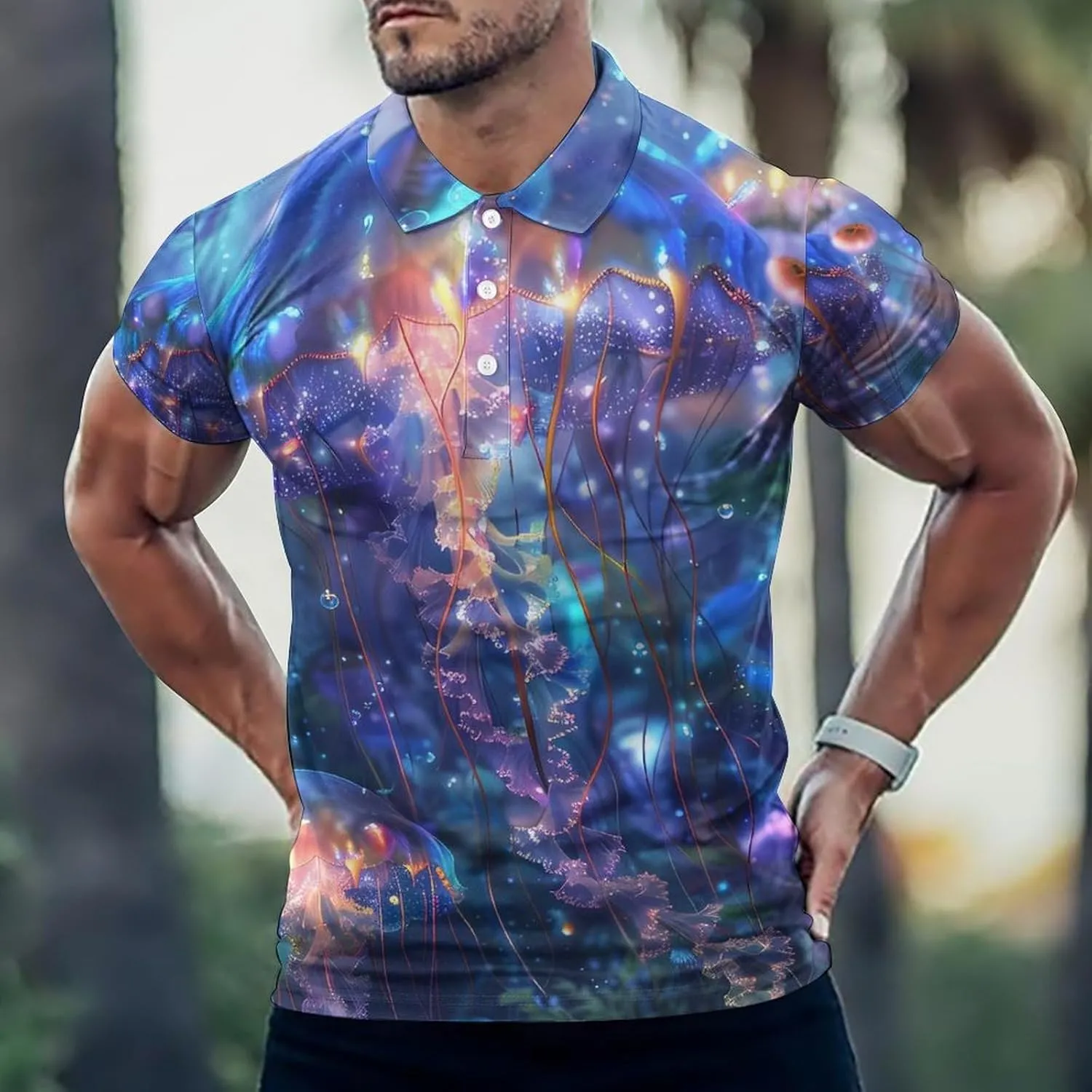 Swimming Glowing Jellyfish Mens Polo Shirts Quick Dry Short Sleeve T-shirts Slim Tennis Collared Tees Tops