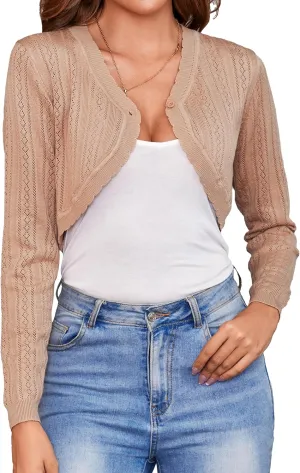 Totatuit Women's Long Sleeve Cropped Cardigan Open Front Bolero Shrugs for Dresses Fall Knit Crochet Cardigan