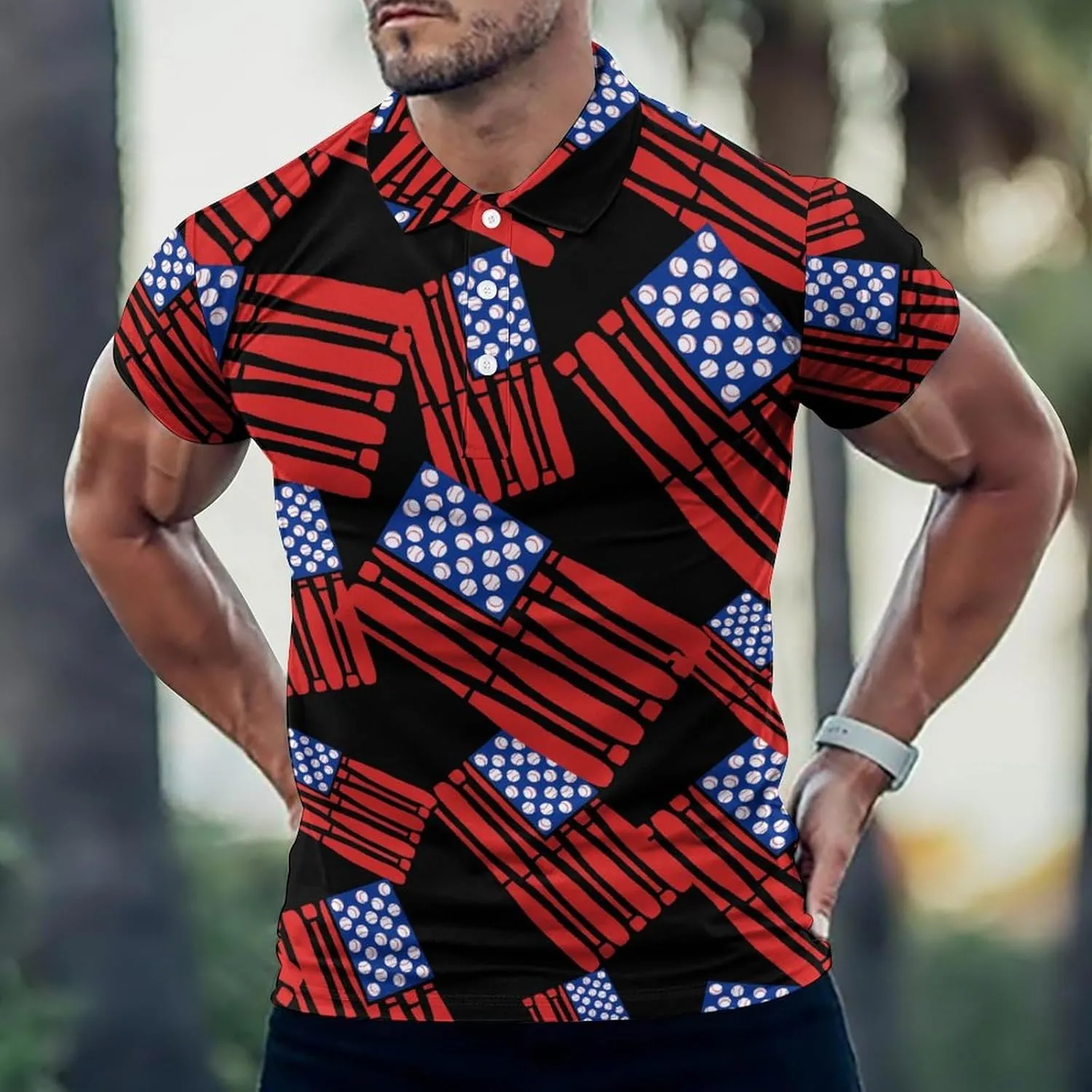 U.S Baseball Flag Mens Polo Shirts Quick Dry Short Sleeve T-shirts Slim Tennis Collared Tees Tops