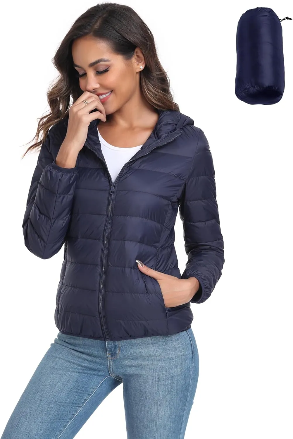 Valennia Women's Short Down Coat Packable Puffer Jacket With Hooded Winter Ultra Light Outerwear