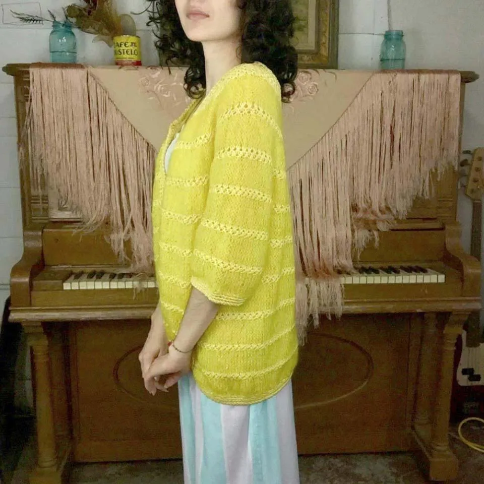 Vintage 50s 60s | Pure Wool & Mohair Yellow Fuzzy Cardigan | L