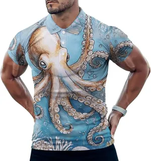 Vintage Octopus Shellfish Coral Mens Polo Shirts Quick Dry Short Sleeve T-shirts Slim Tennis Collared Tees Tops