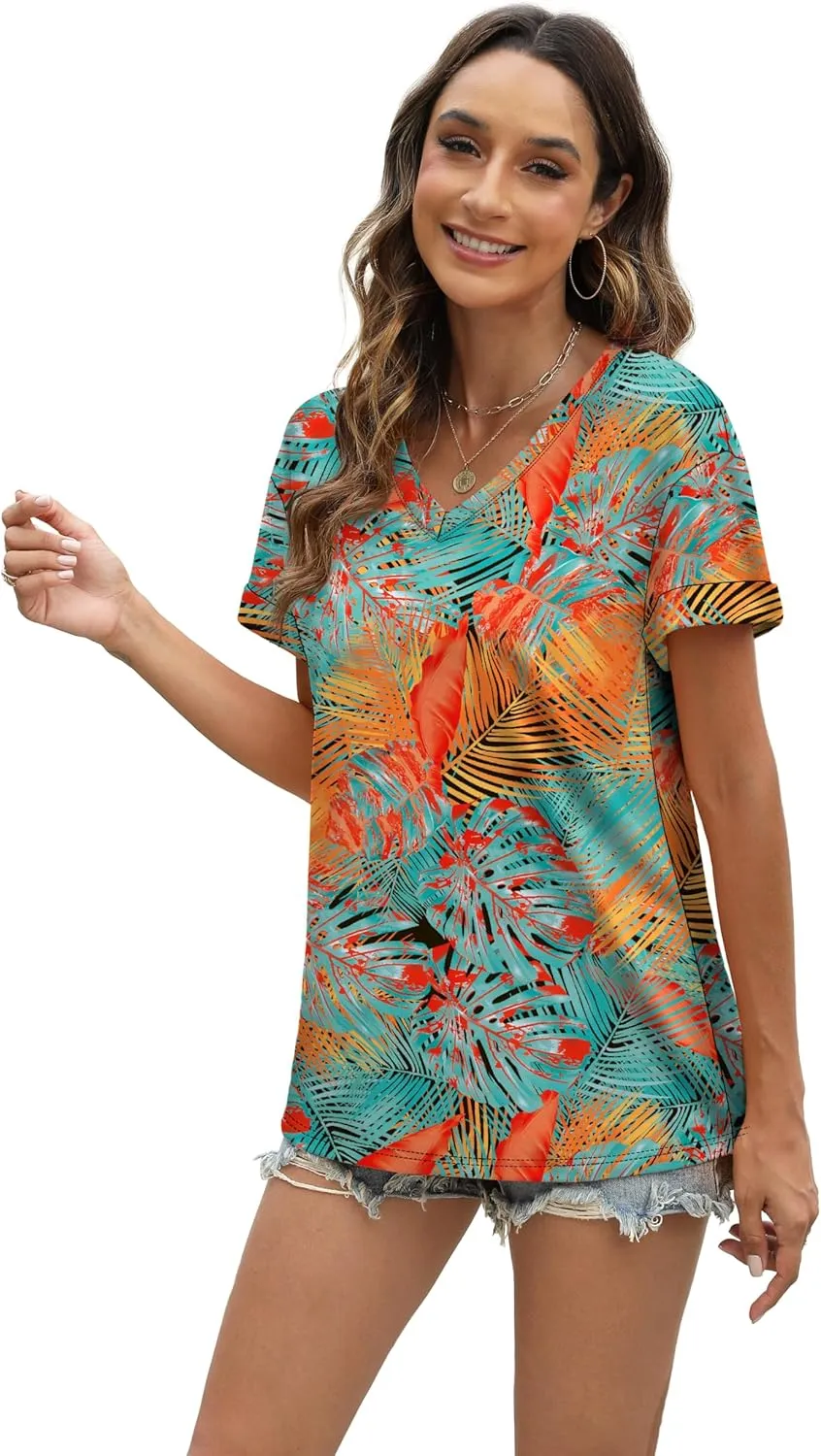 WEESO Womens T Shirts Short Sleeve Summer Tops Cute V Neck Casual Blouses