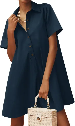 Wenrine Womens Button Down Shirt Dress Oversized Casual Short Sleeve Collared V Neck Summer Mini Dresses