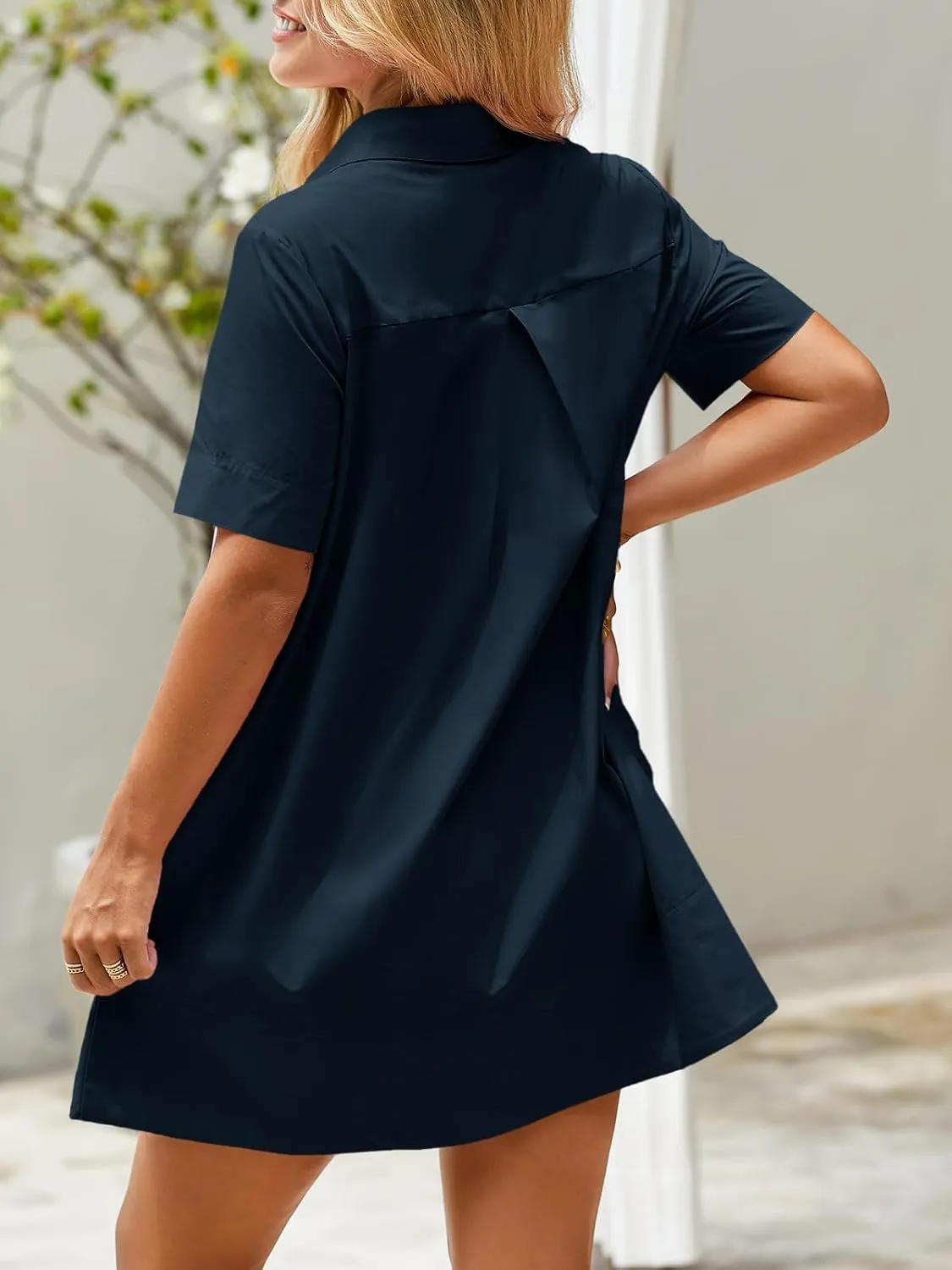 Wenrine Womens Button Down Shirt Dress Oversized Casual Short Sleeve Collared V Neck Summer Mini Dresses