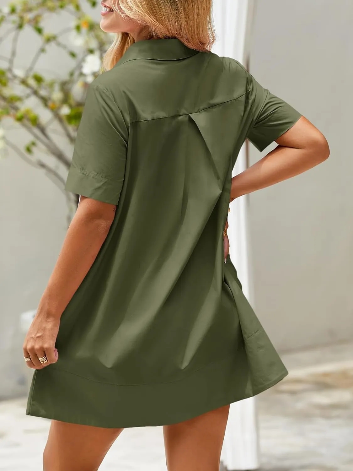 Wenrine Womens Button Down Shirt Dress Oversized Casual Short Sleeve Collared V Neck Summer Mini Dresses