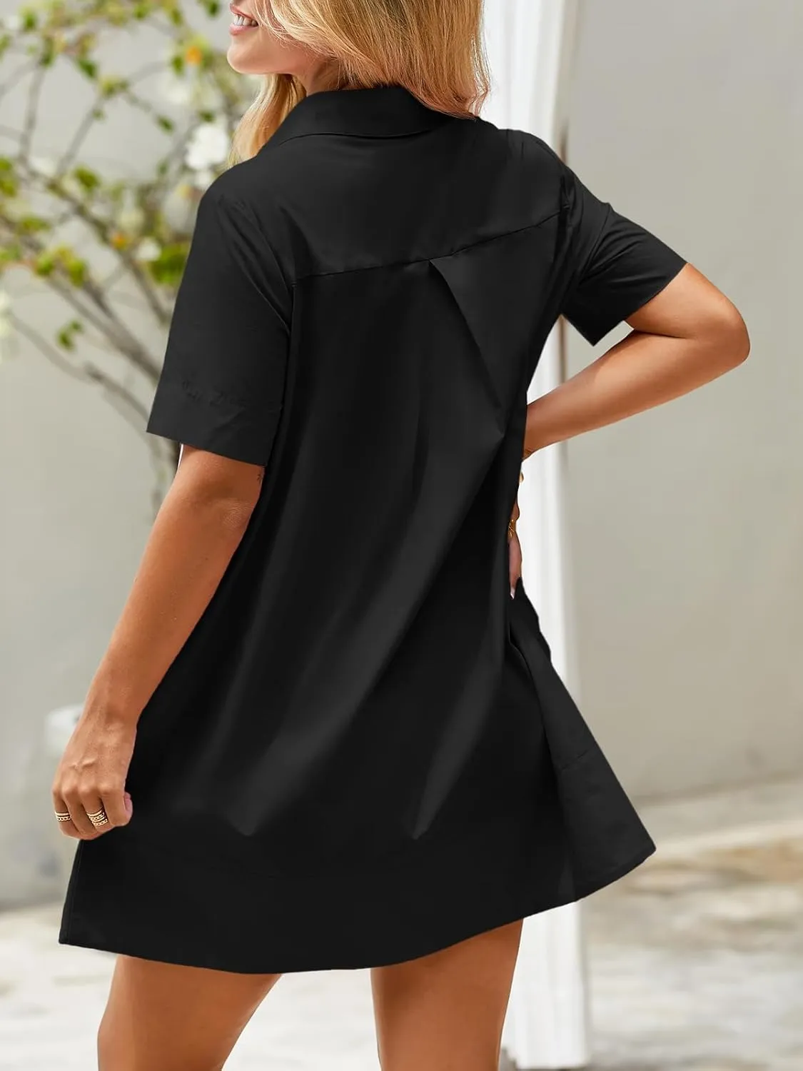 Wenrine Womens Button Down Shirt Dress Oversized Casual Short Sleeve Collared V Neck Summer Mini Dresses