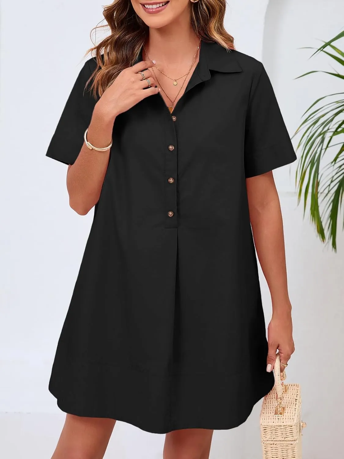 Wenrine Womens Button Down Shirt Dress Oversized Casual Short Sleeve Collared V Neck Summer Mini Dresses