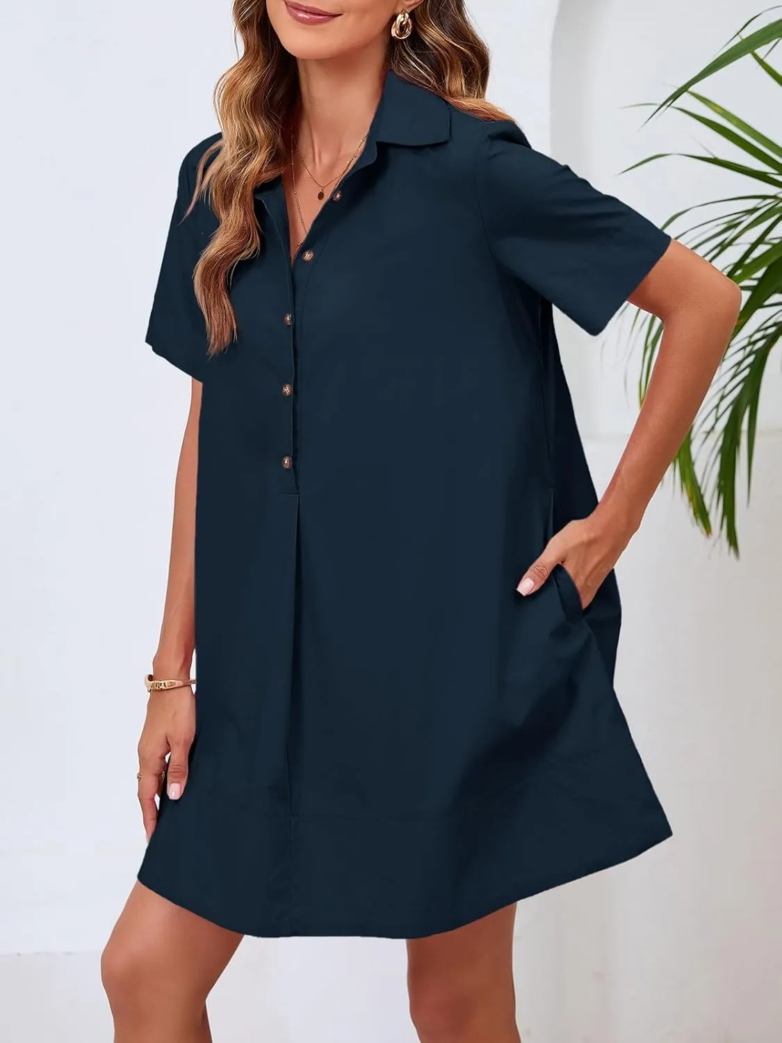 Wenrine Womens Button Down Shirt Dress Oversized Casual Short Sleeve Collared V Neck Summer Mini Dresses