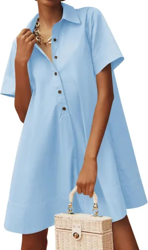 Wenrine Womens Button Down Shirt Dress Oversized Casual Short Sleeve Collared V Neck Summer Mini Dresses