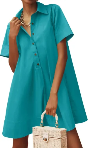 Wenrine Womens Button Down Shirt Dress Oversized Casual Short Sleeve Collared V Neck Summer Mini Dresses