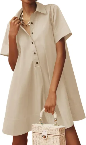 Wenrine Womens Button Down Shirt Dress Oversized Casual Short Sleeve Collared V Neck Summer Mini Dresses