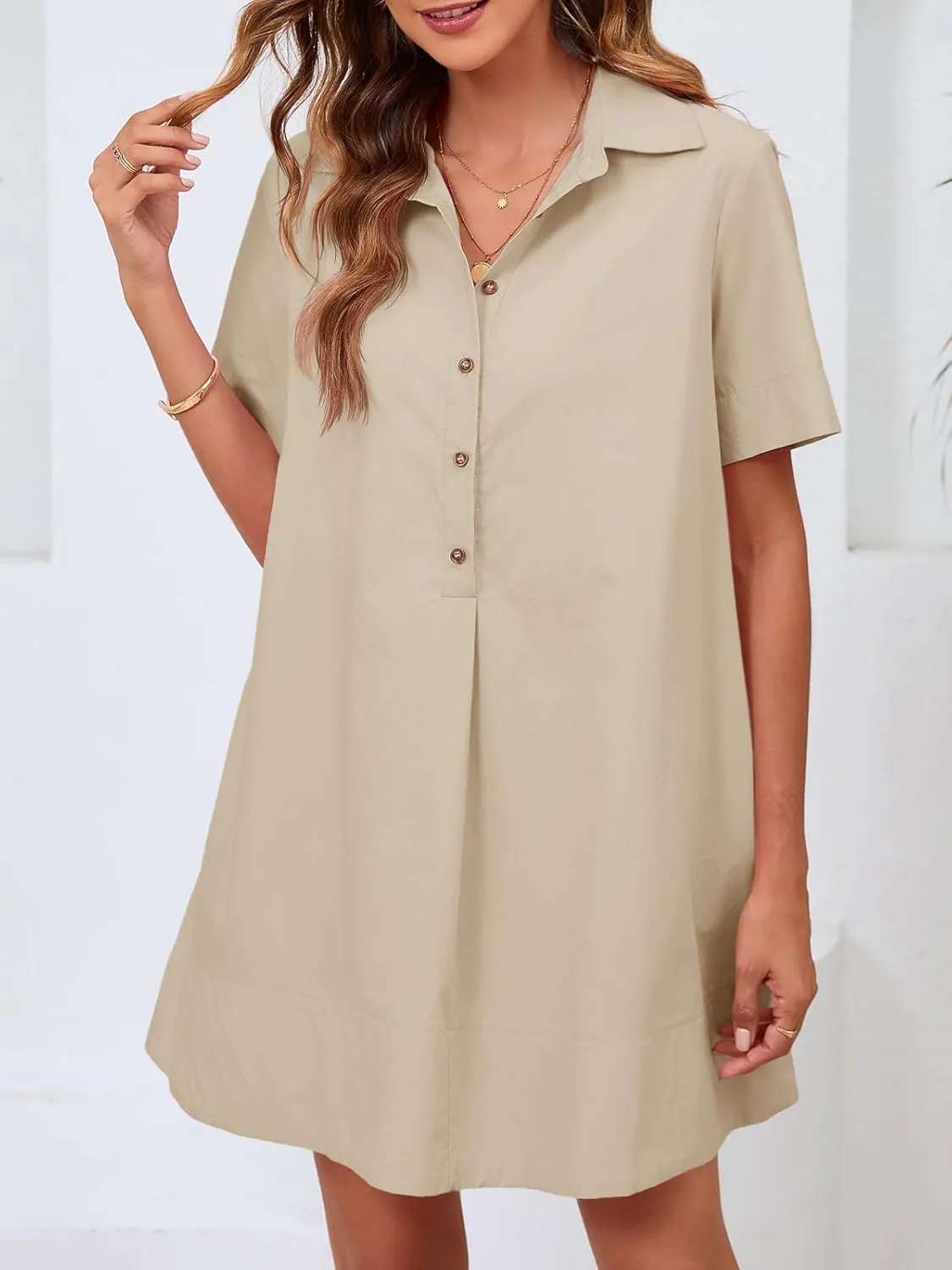 Wenrine Womens Button Down Shirt Dress Oversized Casual Short Sleeve Collared V Neck Summer Mini Dresses