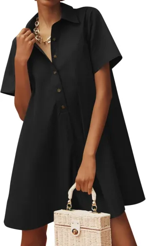 Wenrine Womens Button Down Shirt Dress Oversized Casual Short Sleeve Collared V Neck Summer Mini Dresses
