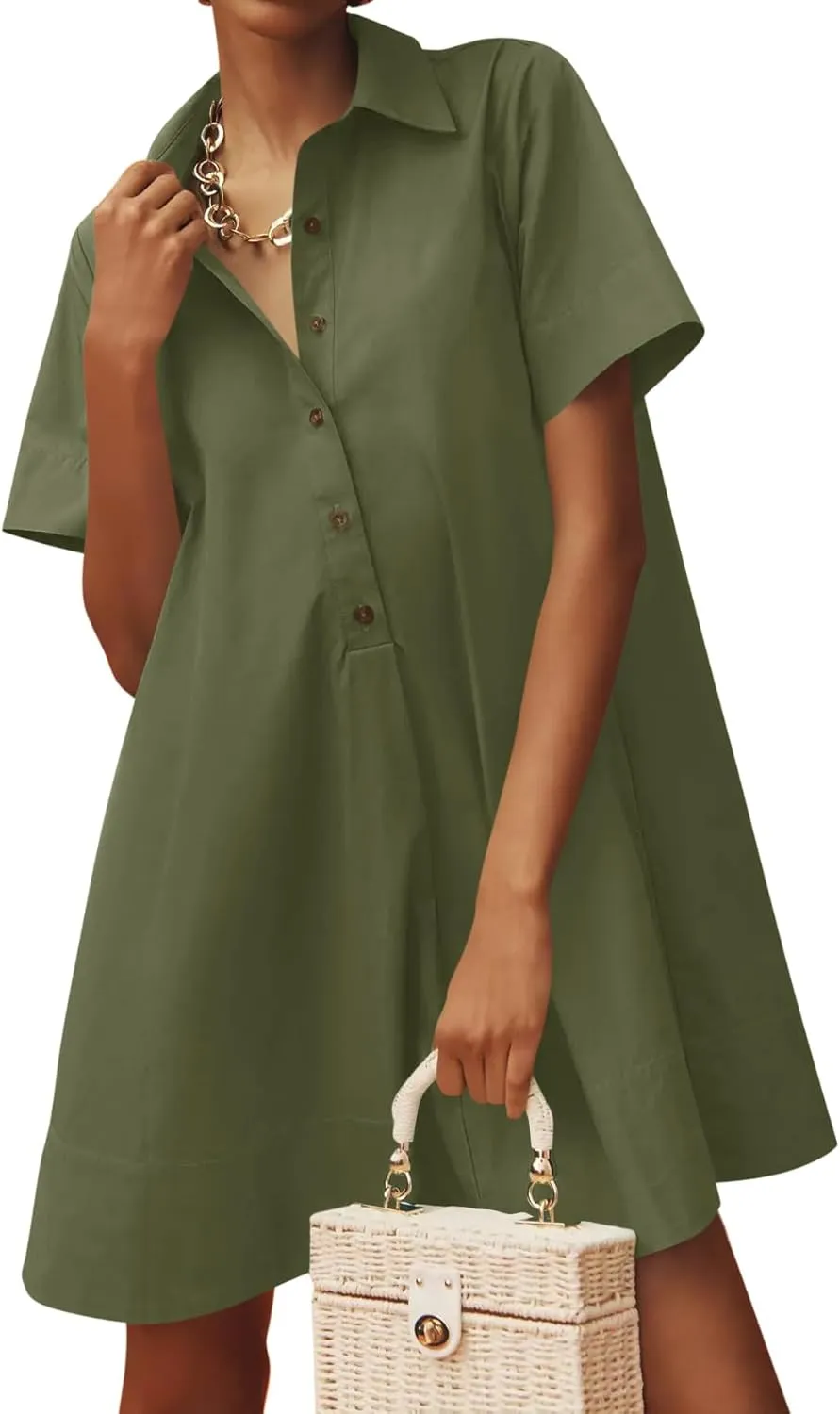 Wenrine Womens Button Down Shirt Dress Oversized Casual Short Sleeve Collared V Neck Summer Mini Dresses