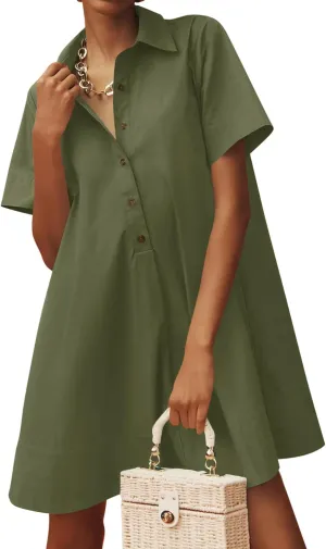 Wenrine Womens Button Down Shirt Dress Oversized Casual Short Sleeve Collared V Neck Summer Mini Dresses