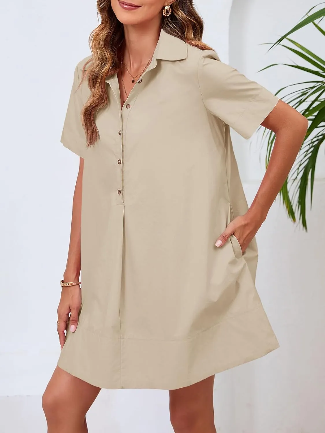 Wenrine Womens Button Down Shirt Dress Oversized Casual Short Sleeve Collared V Neck Summer Mini Dresses