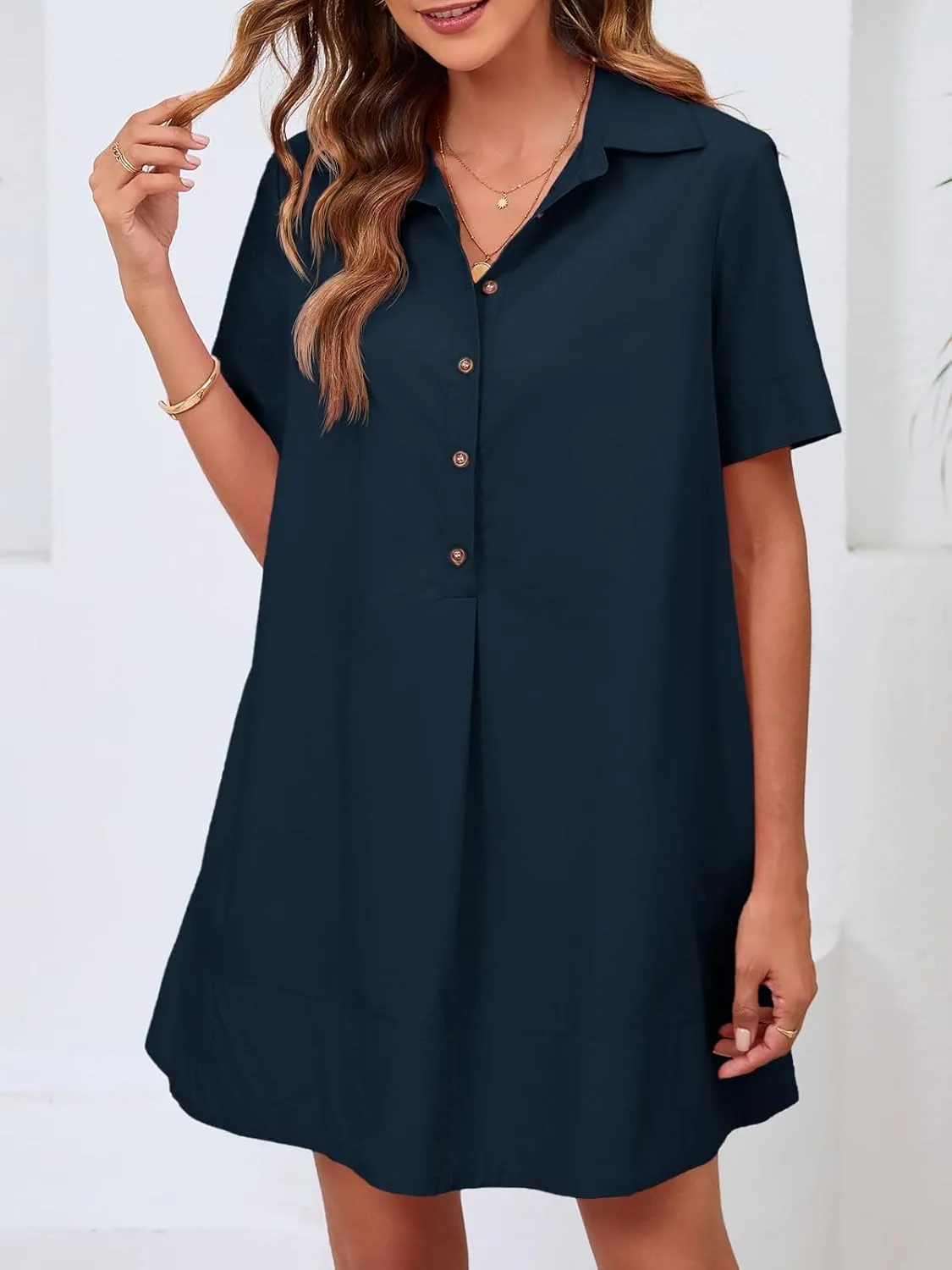 Wenrine Womens Button Down Shirt Dress Oversized Casual Short Sleeve Collared V Neck Summer Mini Dresses