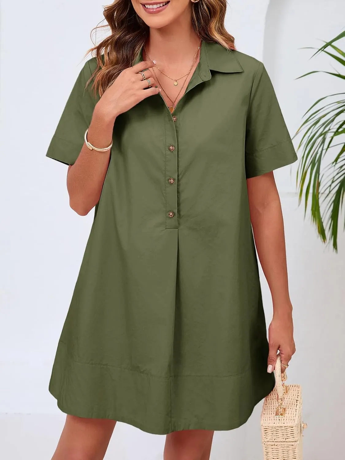 Wenrine Womens Button Down Shirt Dress Oversized Casual Short Sleeve Collared V Neck Summer Mini Dresses