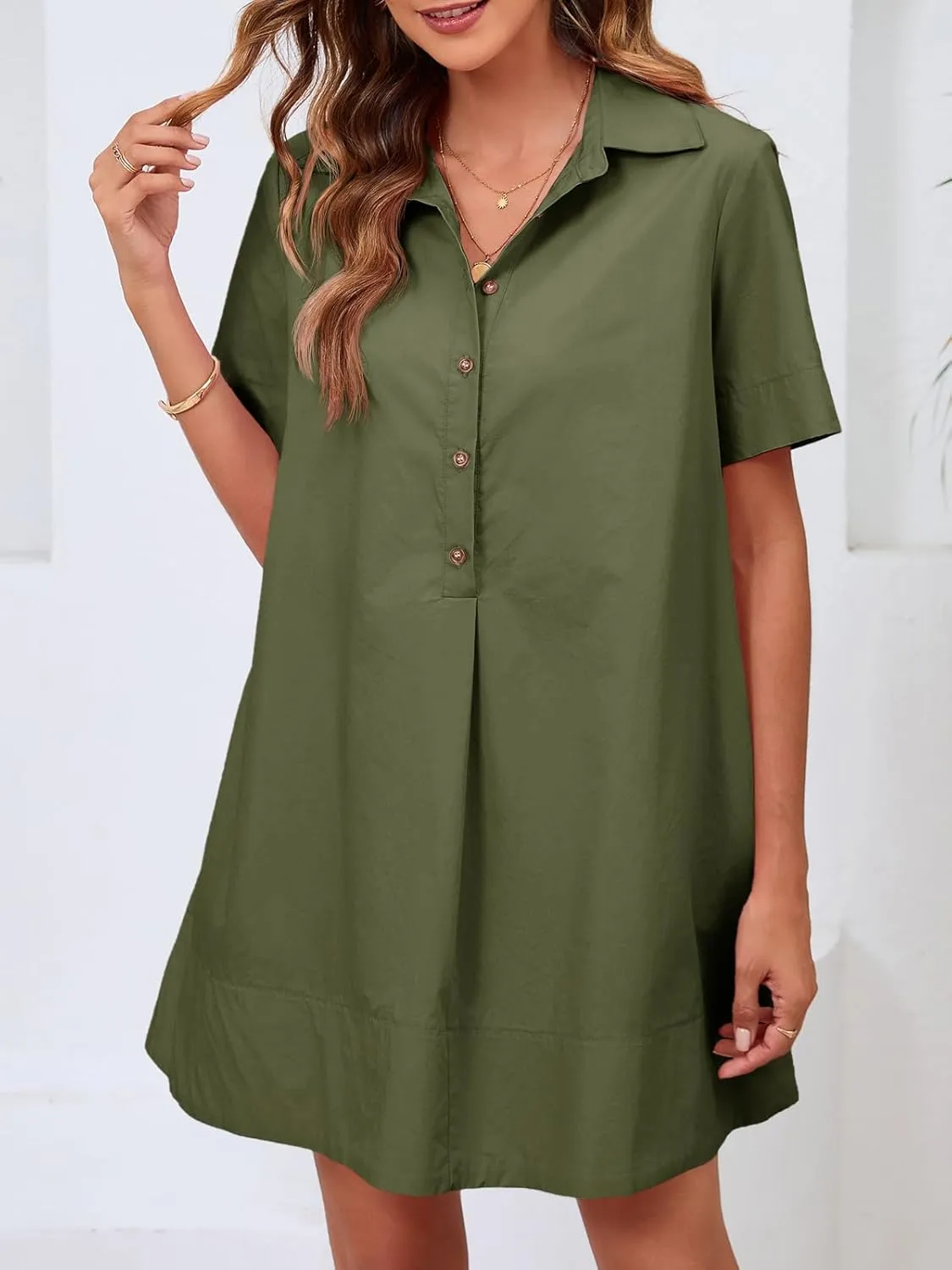 Wenrine Womens Button Down Shirt Dress Oversized Casual Short Sleeve Collared V Neck Summer Mini Dresses