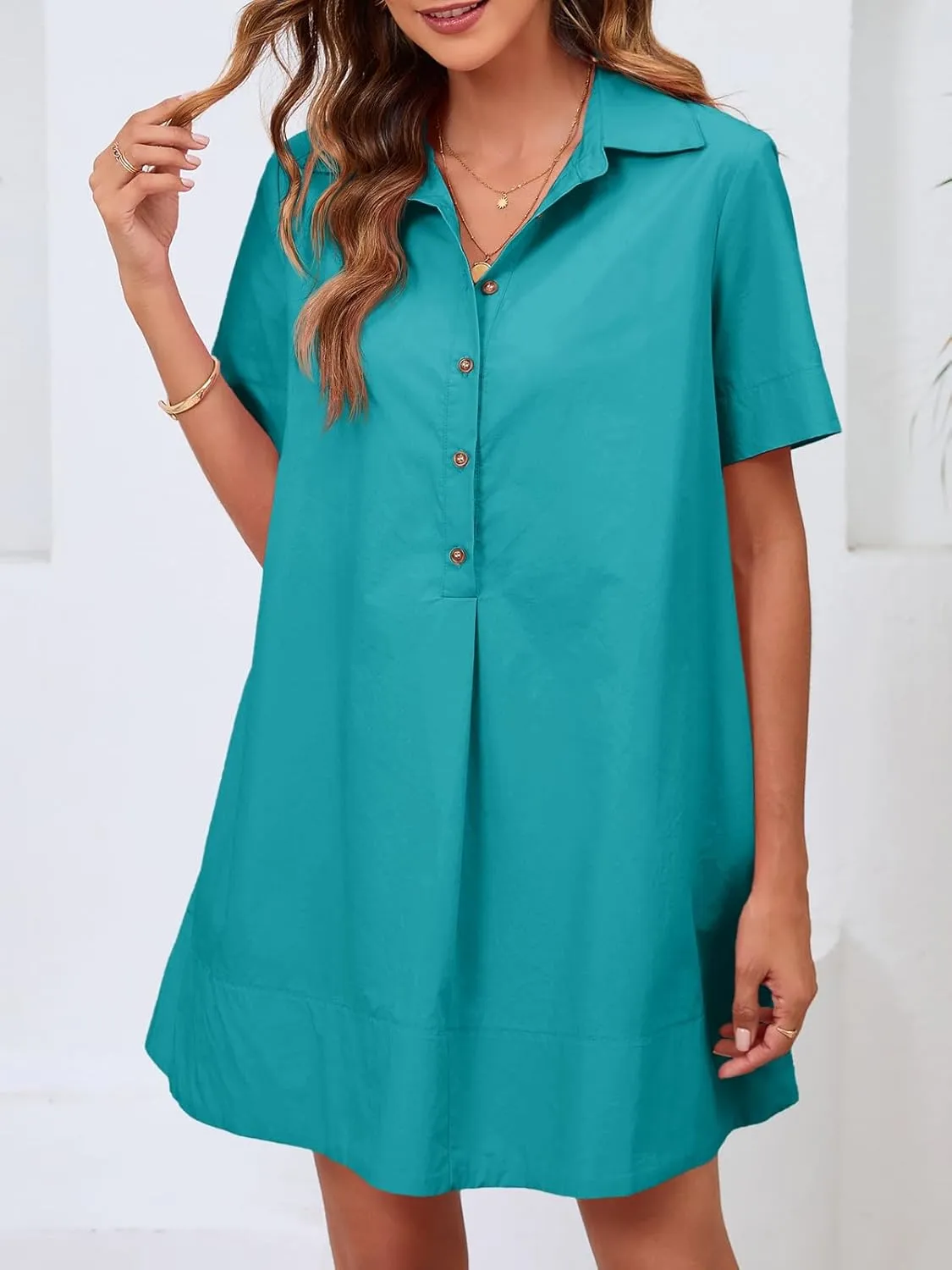 Wenrine Womens Button Down Shirt Dress Oversized Casual Short Sleeve Collared V Neck Summer Mini Dresses