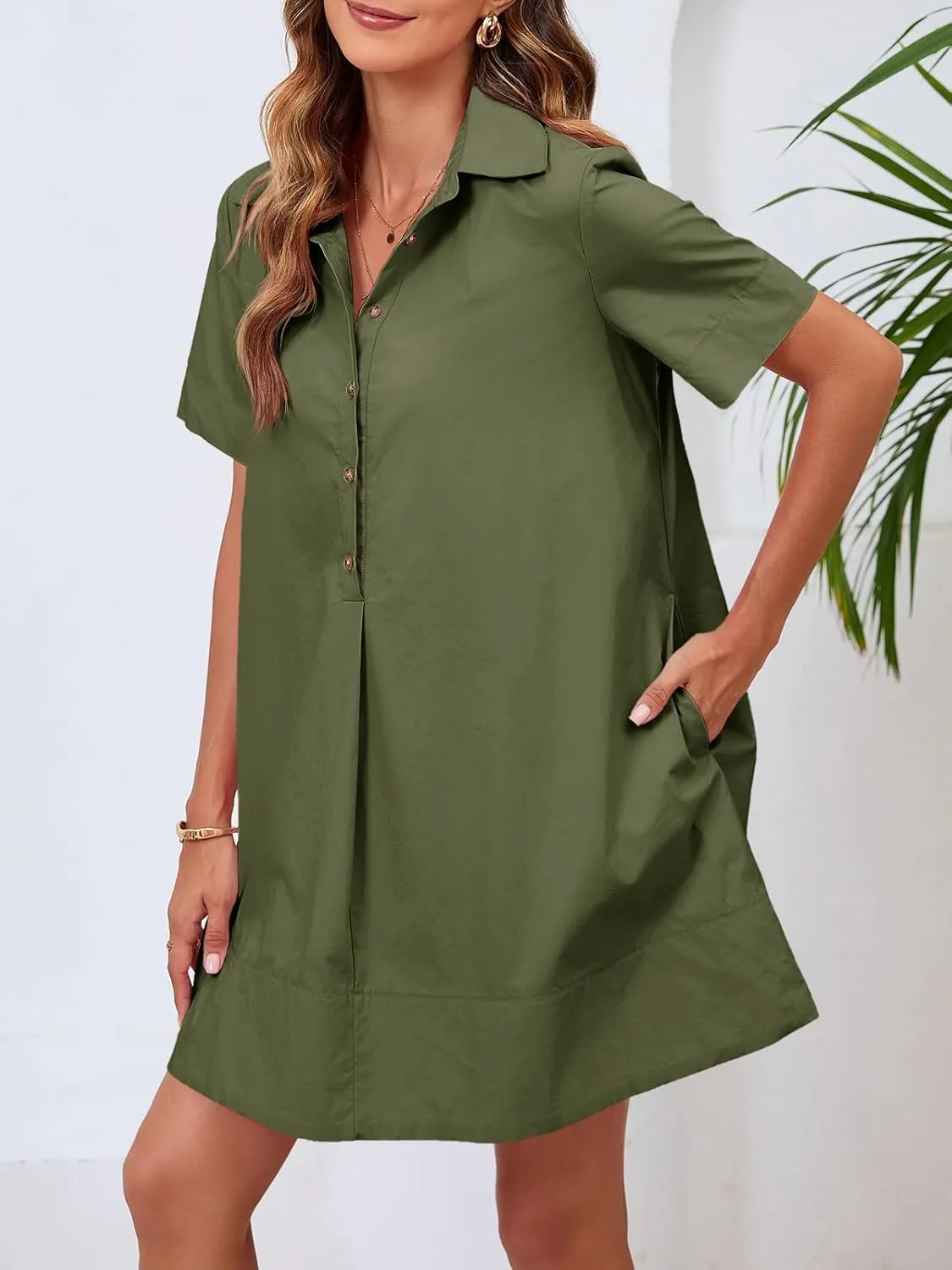 Wenrine Womens Button Down Shirt Dress Oversized Casual Short Sleeve Collared V Neck Summer Mini Dresses