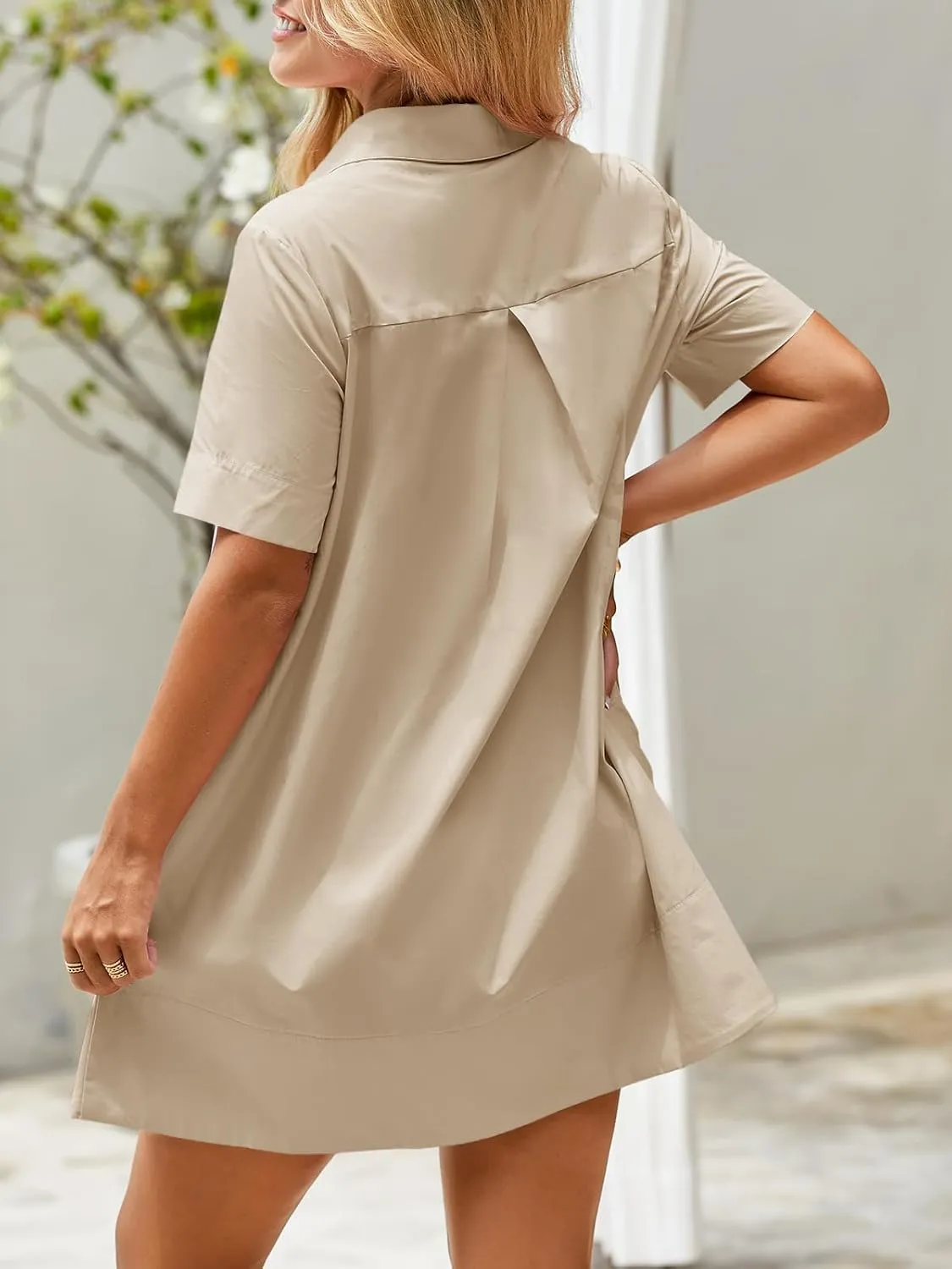 Wenrine Womens Button Down Shirt Dress Oversized Casual Short Sleeve Collared V Neck Summer Mini Dresses