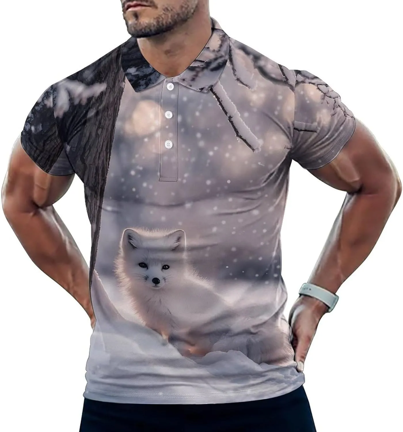 White Fox Under The Tree Mens Polo Shirts Quick Dry Short Sleeve T-shirts Slim Tennis Collared Tees Tops