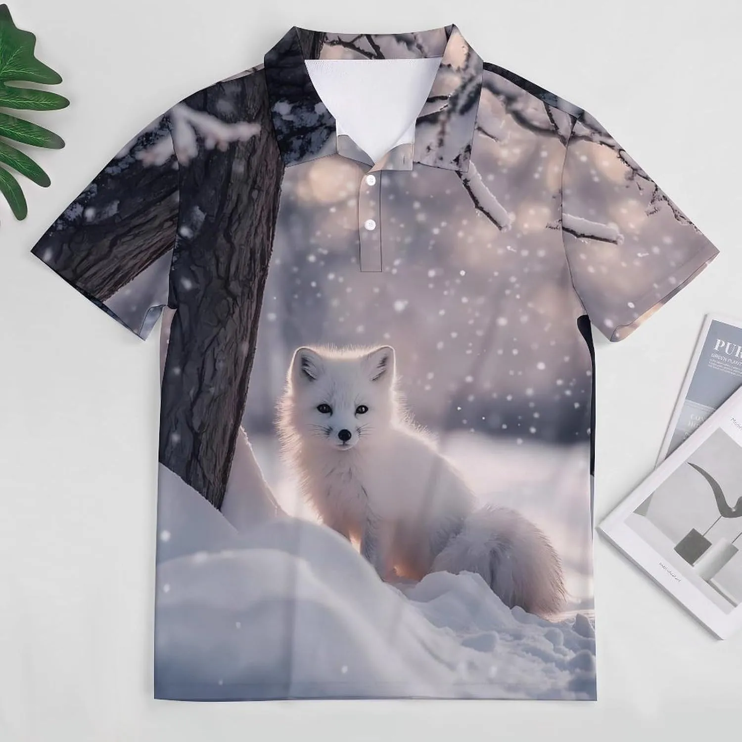 White Fox Under The Tree Mens Polo Shirts Quick Dry Short Sleeve T-shirts Slim Tennis Collared Tees Tops
