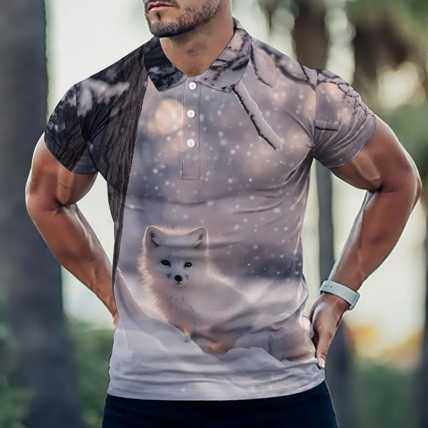 White Fox Under The Tree Mens Polo Shirts Quick Dry Short Sleeve T-shirts Slim Tennis Collared Tees Tops