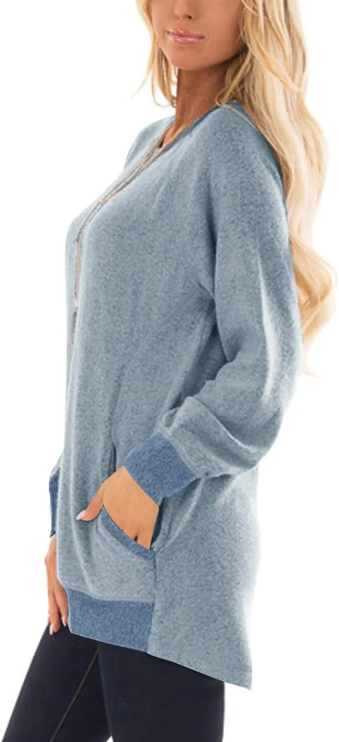 Womens Casual Color Block Long Sleeve Round Neck Pocket T Shirts Blouses Sweatshirts Tops