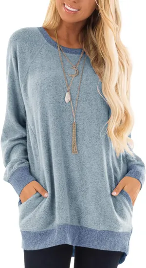 Womens Casual Color Block Long Sleeve Round Neck Pocket T Shirts Blouses Sweatshirts Tops