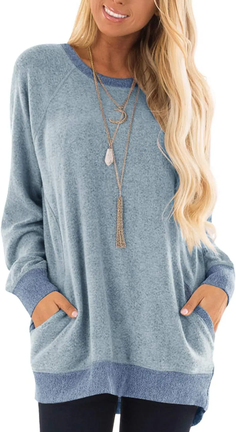 Womens Casual Color Block Long Sleeve Round Neck Pocket T Shirts Blouses Sweatshirts Tops