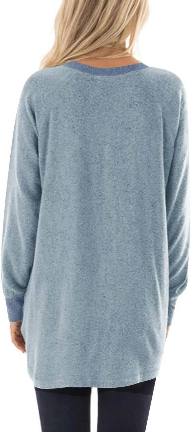 Womens Casual Color Block Long Sleeve Round Neck Pocket T Shirts Blouses Sweatshirts Tops