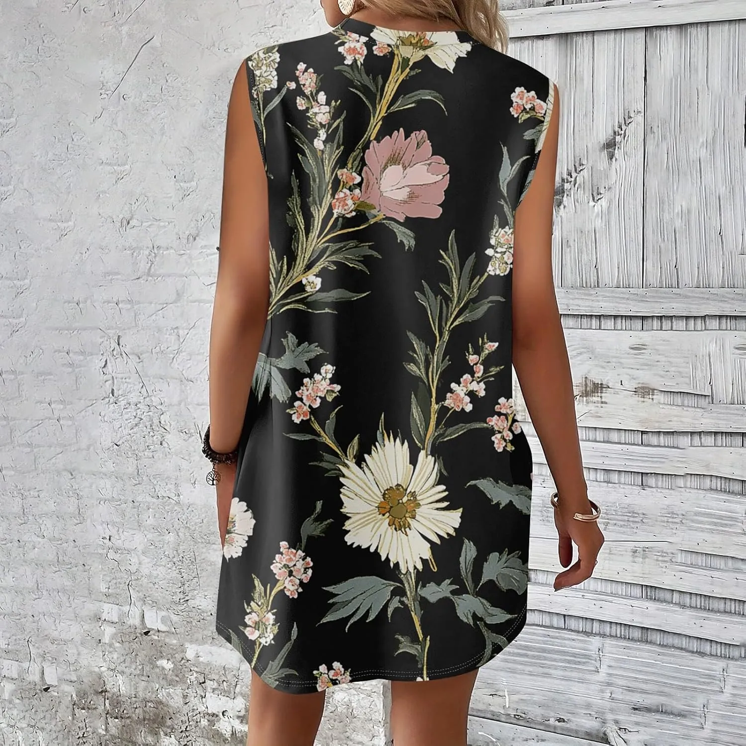 Womens Casual Loose Beach Pockets Dress Printed Crew Neck Sleeveless Sundress Vacation 2025 Summer Mini Dresses