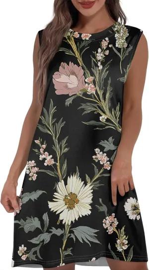 Womens Casual Loose Beach Pockets Dress Printed Crew Neck Sleeveless Sundress Vacation 2025 Summer Mini Dresses