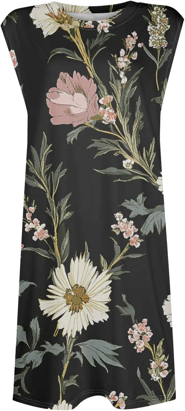 Womens Casual Loose Beach Pockets Dress Printed Crew Neck Sleeveless Sundress Vacation 2025 Summer Mini Dresses