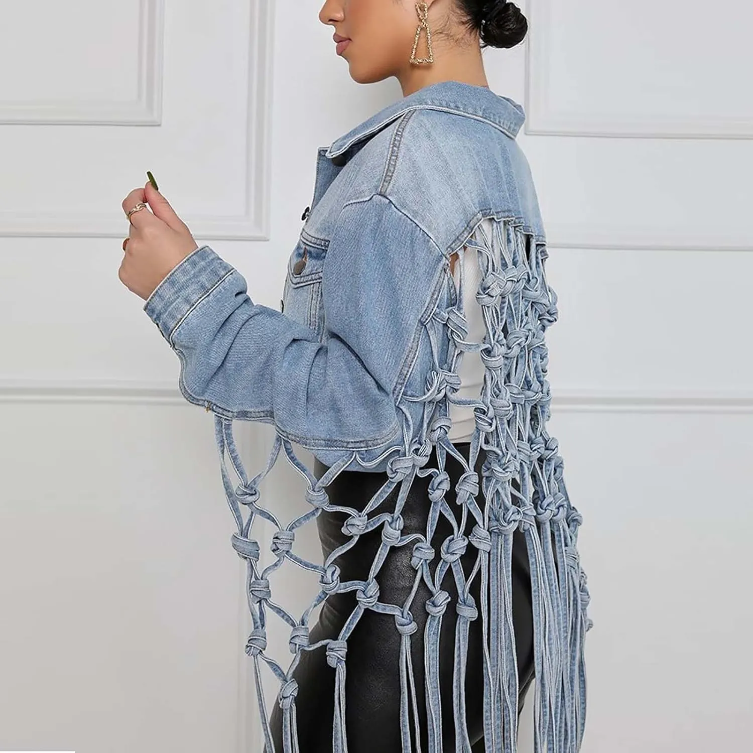 Women's Coat Long Fringe Cropped Denim Jackets Back Hollow Out Knotted Tassel Distressed Blue Button Down Jean Coats