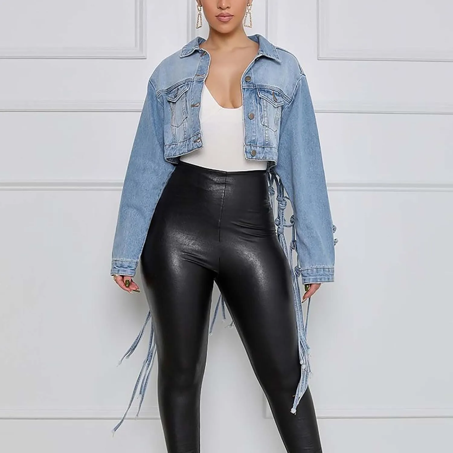 Women's Coat Long Fringe Cropped Denim Jackets Back Hollow Out Knotted Tassel Distressed Blue Button Down Jean Coats