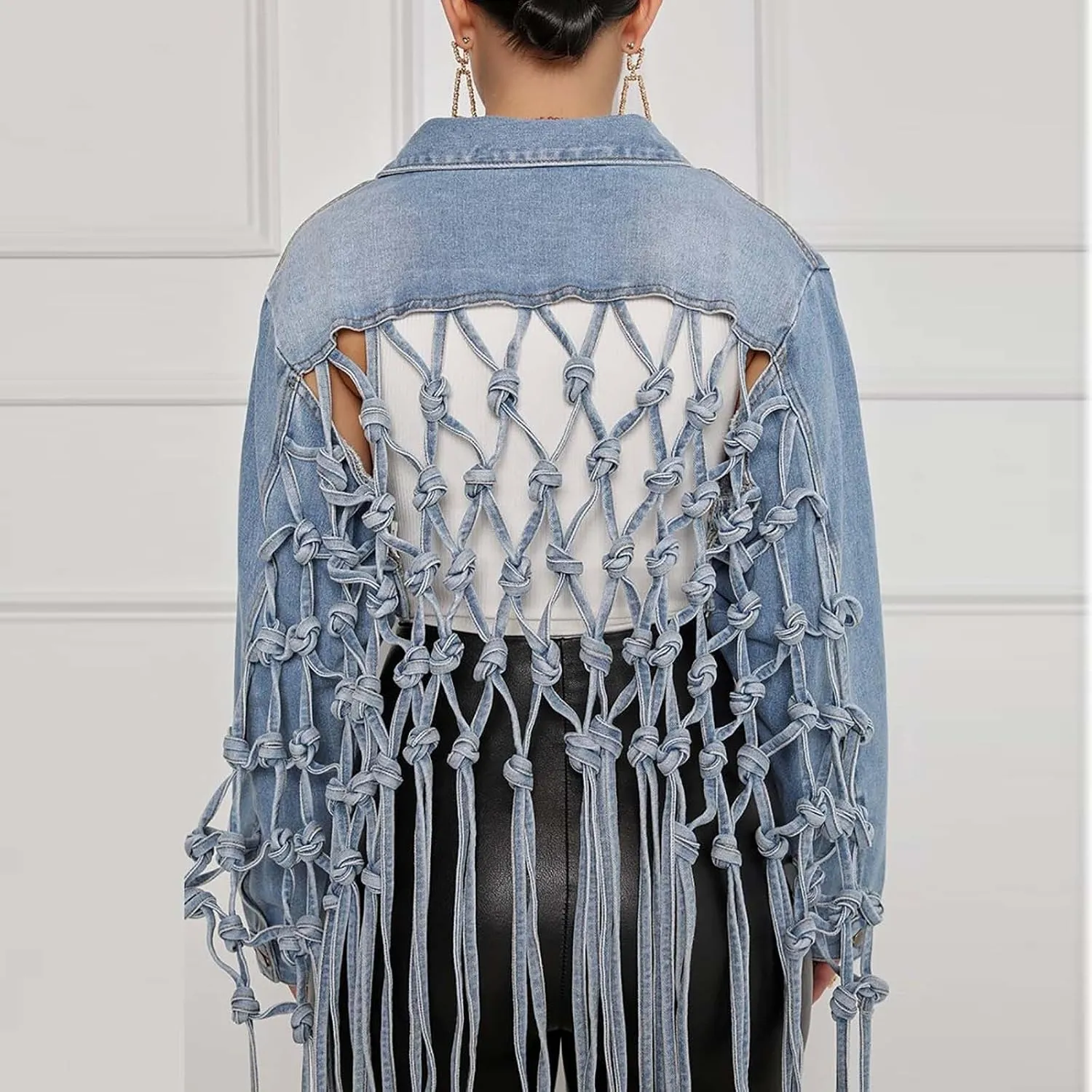Women's Coat Long Fringe Cropped Denim Jackets Back Hollow Out Knotted Tassel Distressed Blue Button Down Jean Coats